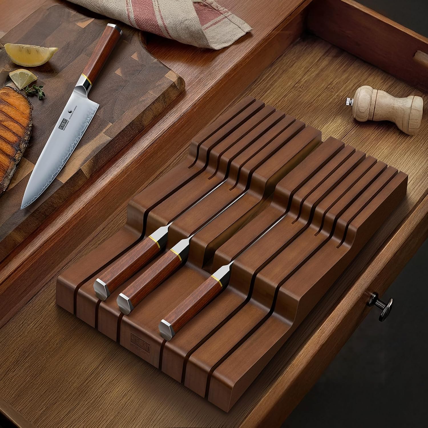 HOSHANHO In-Drawer Knife Block, Large Bamboo Knife Drawer Organizer for 12 Knives, Kitchen Steak Knife Holder for Sharpening Steel, Brown (Knives & Sharpening Not Included)