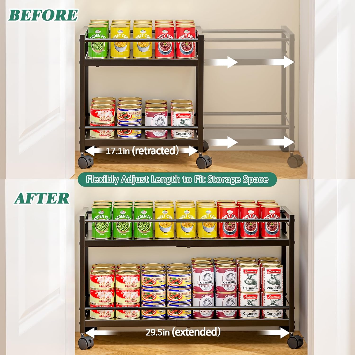 2-Tier Expandable Rolling Pantry Cart with Wheels, Adjustable Floor Organizer for Kitchen Pantry, Can Organizer for Pantry, Storage Cart for Snack, Food, Vegetables, Black, Patent Pending