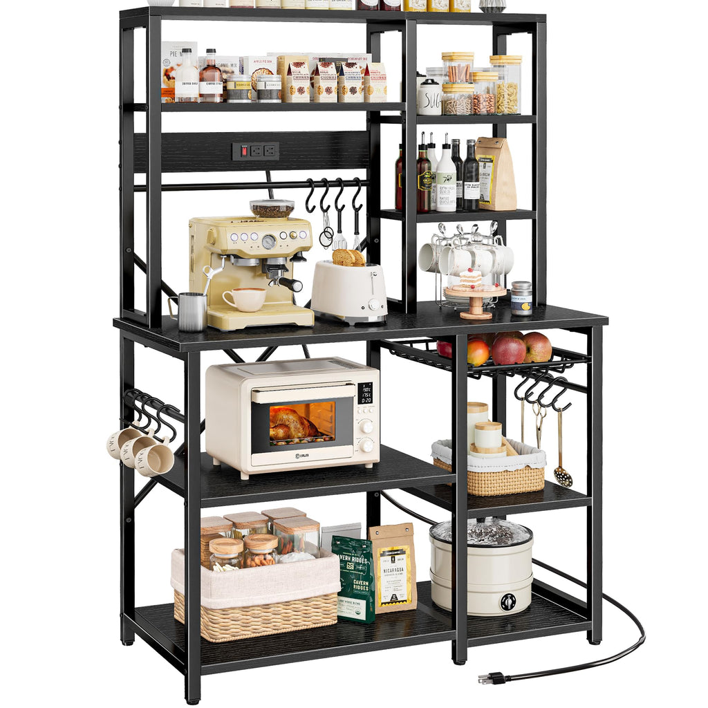 SUPERJARE Large Bakers Rack with Power Outlets, 6-Tier Microwave Stand, Coffee Bar with 12 S-Shaped Hooks, Kitchen Shelf with Wire Basket, 39.4 x 14.6 x 66.9 Inches, Rustic Brown