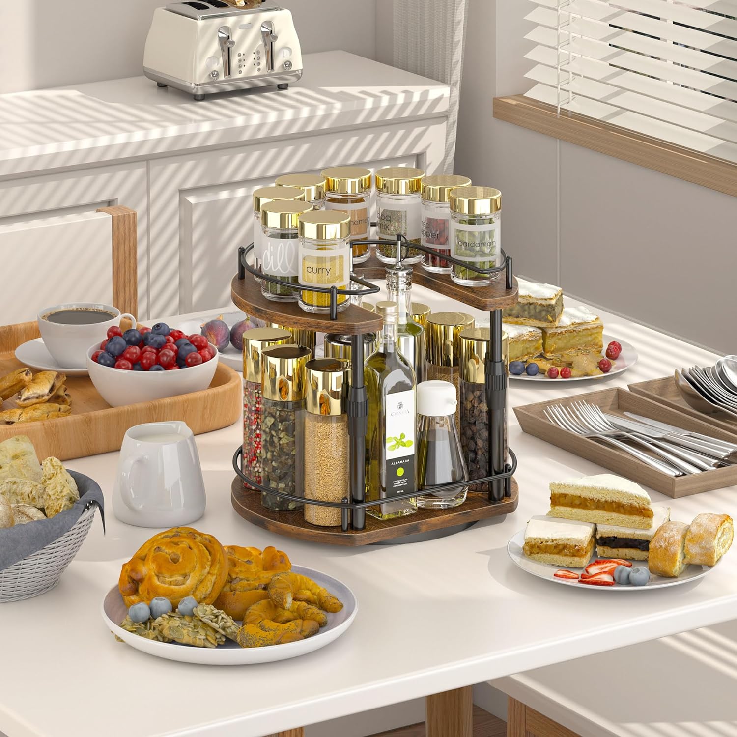 Across-Star Lazy-Susan-Spice-Rack -Organizer For Cabinet With Adjustable Height, 12 inch Rotating Seasoning Holder Spice Organization For Pantry, 2-Tier Kitchen Counter Shelf Countertop Organizer
