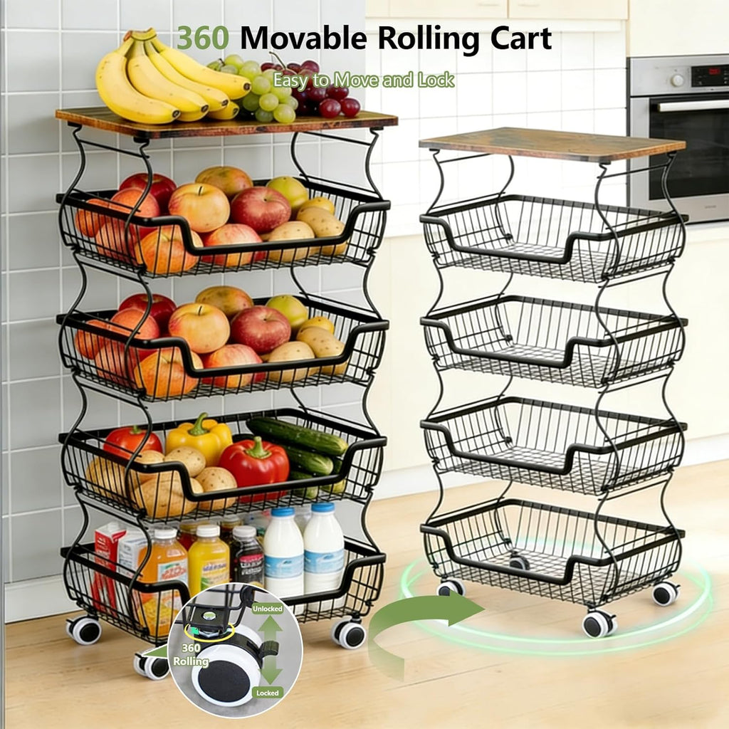 Kitchen Storage Cart on Wheels, 5 Tier Rolling Stackable Pantry Floor Organizer, Kitchen Fruit Basket Stand for Home Removable Metal Vegetable Rack Wire Snack Cart