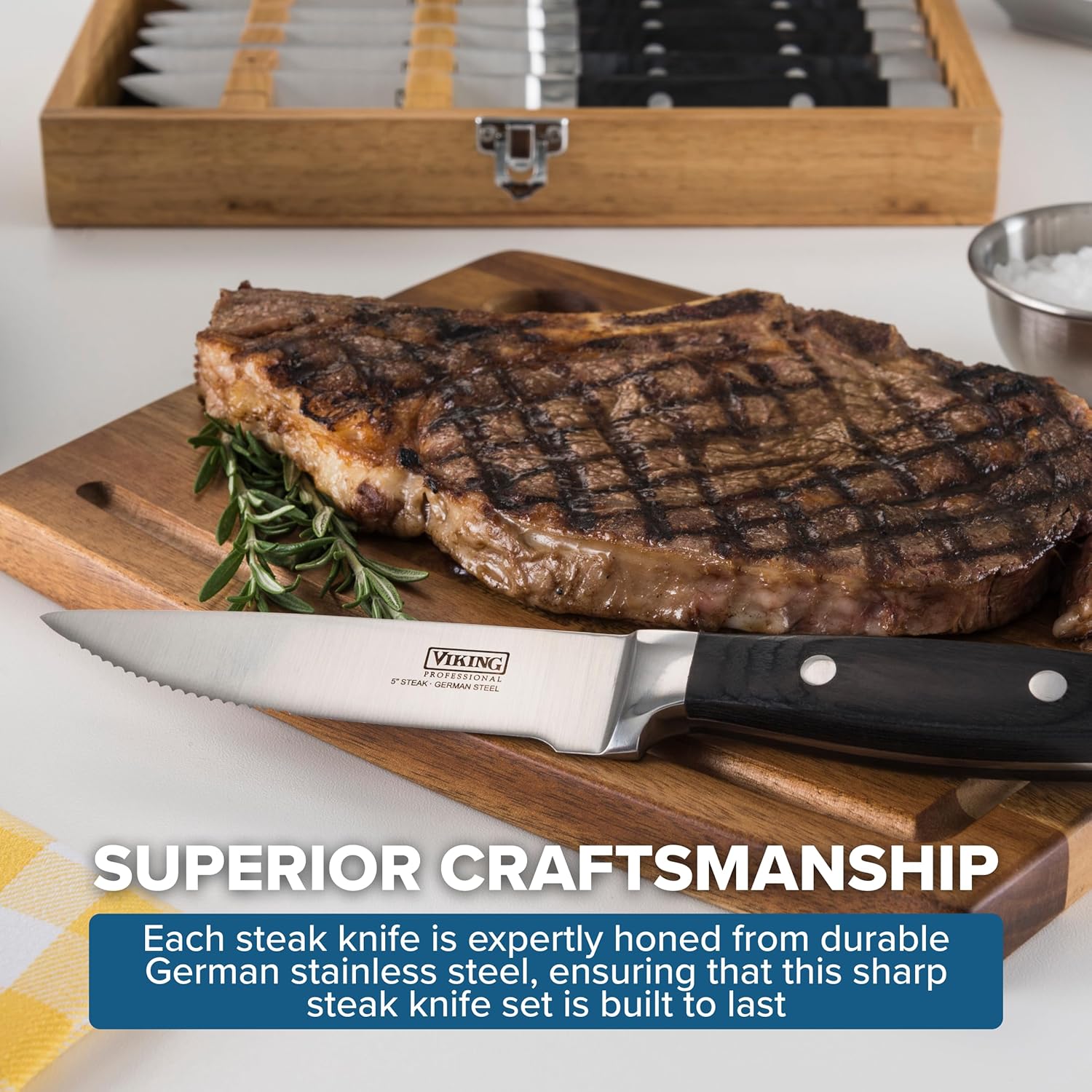 Viking Steak Knife Set, 6-Piece German Stainless Steel Knives with Pakkawood Handles and Wooden Box, Hand Wash Only, Black