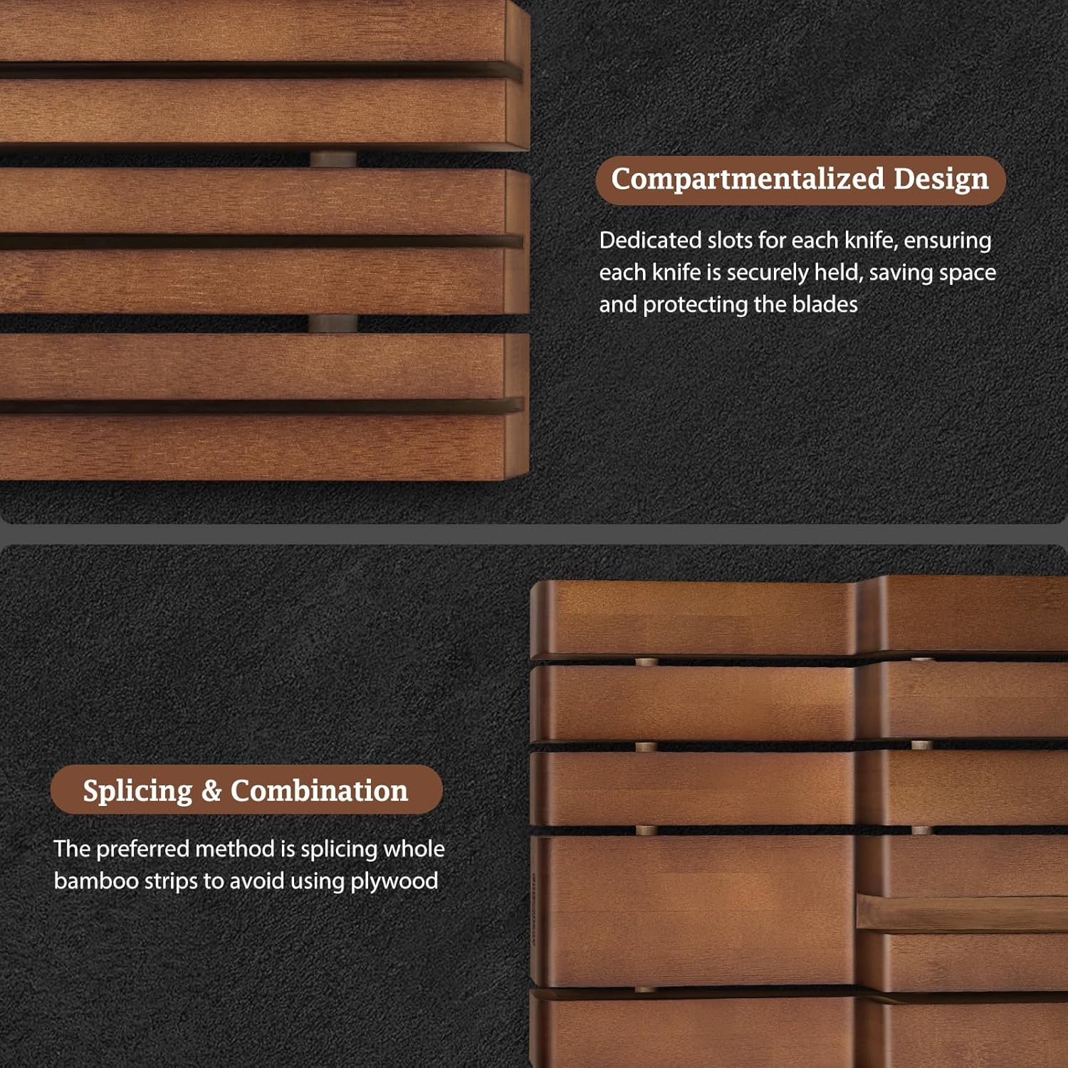 HOSHANHO In-Drawer Knife Block, Large Bamboo Knife Drawer Organizer for 12 Knives, Kitchen Steak Knife Holder for Sharpening Steel, Brown (Knives & Sharpening Not Included)