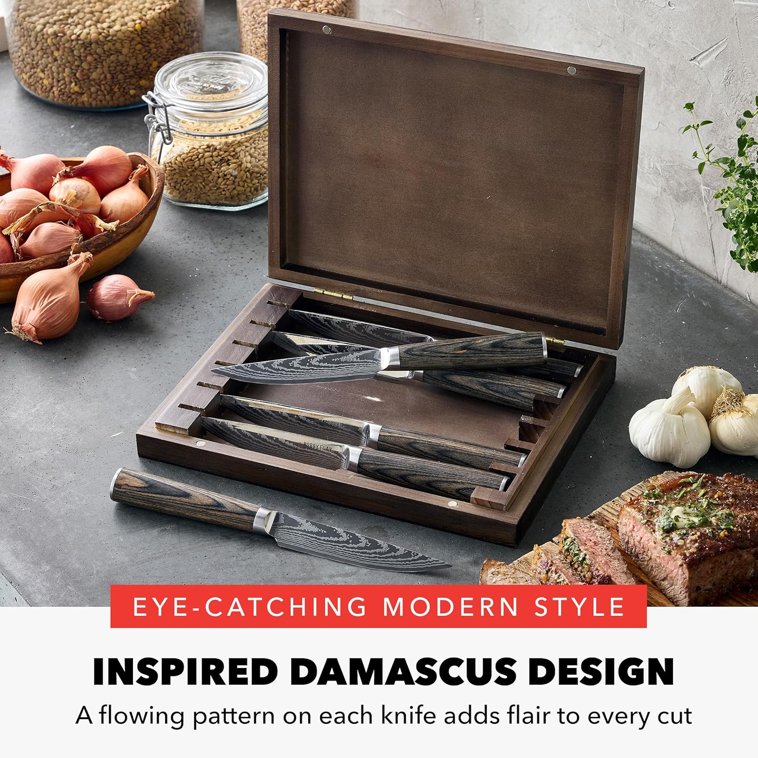 GreenPan x Bobby Flay 6 Piece Steak Knife Set with Wood Storage Box, Premium Stainless Steel Blades, Precision Cutting Tools, Ultra-Versatile Cutlery, Hand Finished Wood Handle, Damascus Steel Design